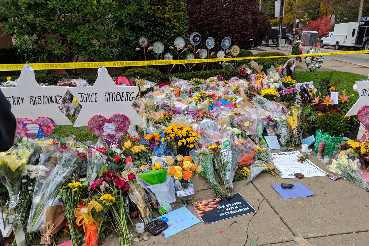 flowers at Squirrel Hill memorial