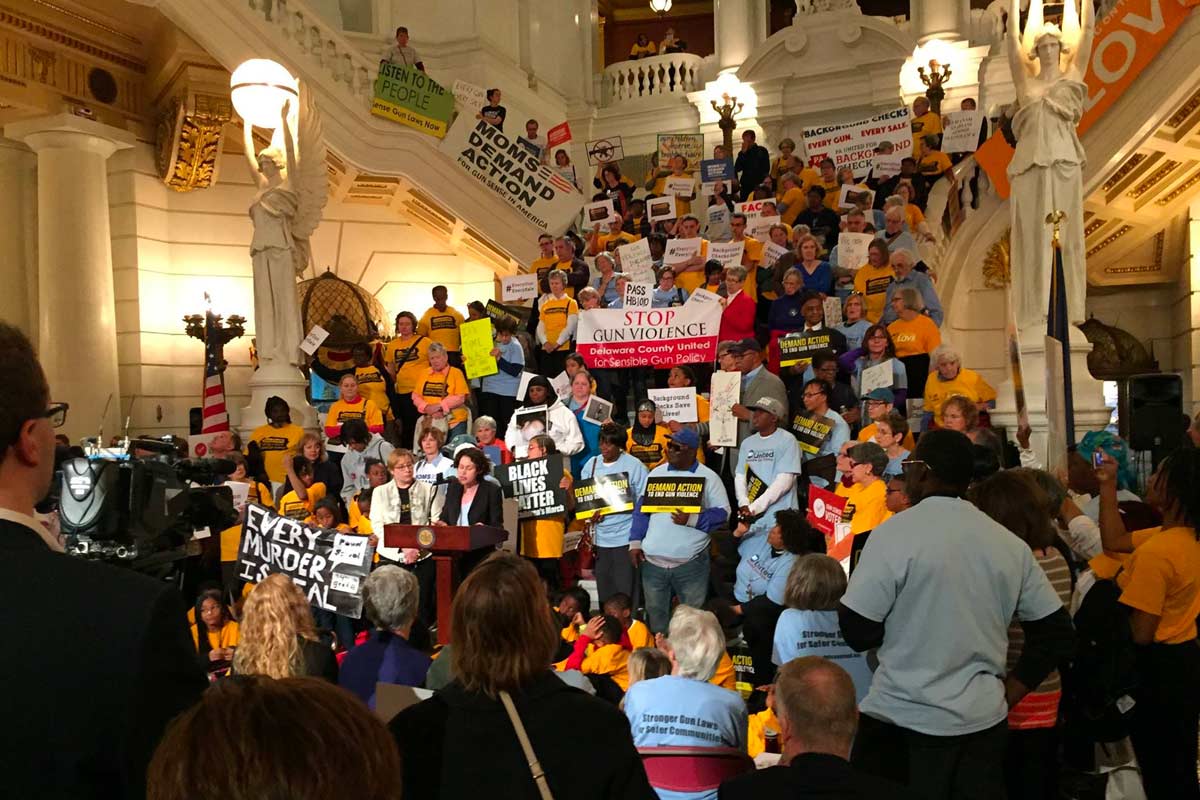 CeaseFirePA with coalition on indoor steps