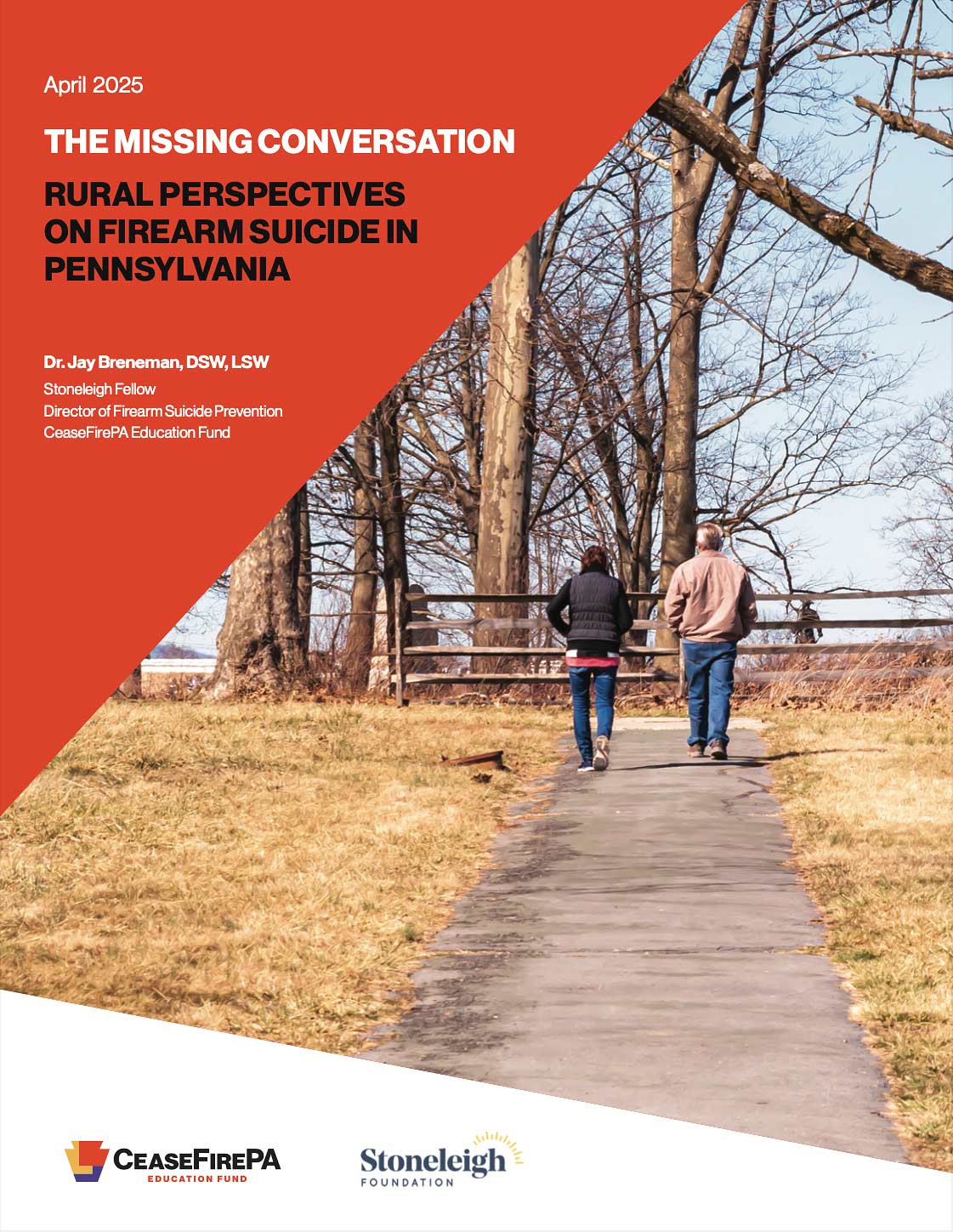cover of the report showing two men walking through a wooded field