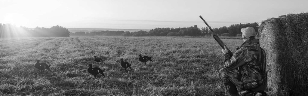 man with a shotgun and decoy ducks hunting at sunrise