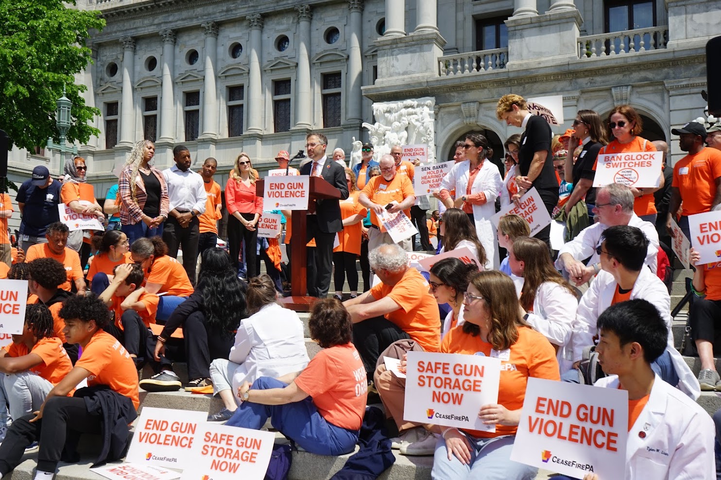 CeaseFirePA representative addressing a crowd